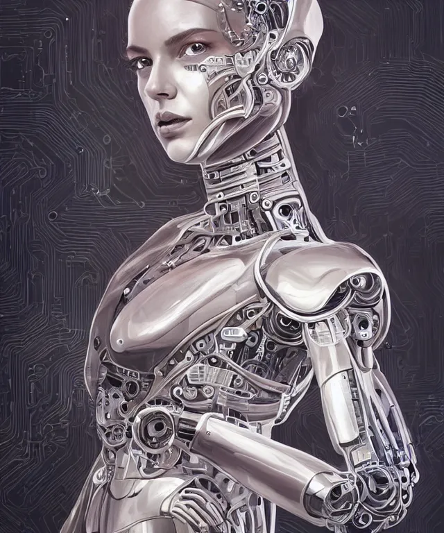 Image similar to a woman turning into an Android portrait wearing a part cybernetic body, surrealism , scifi, intricate mecha armor, elegant, sharp eyebrows, ornate long flowing hair, highly detailed cybernetic body, neon glowing eyes, digital painting, artstation, concept art, smooth, sharp focus, illustration, art by Artgerm and moebius and Peter Mohrbacher