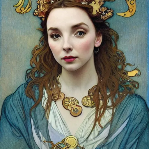 Image similar to jodie comer portrait by louis - theophile hingre and alphonse mucha, realistic, sharp focus, zodiac signs, tarot cards, planets, ethereal, art nouveau, magic, moon, sun, crown, dreamy, royal, jewellery