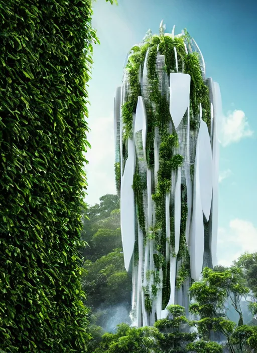 Prompt: white futuristic skyscraper covered in plants, hanging vines, exterior view, magical white futuristic alien library, expansive grand scale, with ornate detail carved in blackbutt timber, next to a waterfall, plants, greenery, white flowers, hanging vines, candles, glowing sprites, fibonacci composition, photorealistic, 4 k, god rays, highly detailed, octane render