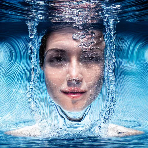 Image similar to water artwork manipulation in the shape of a human head, on the ocean water, ray tracing, realistic water sharp focus, long shot, 8 k resolution, cinematic, abstract water art