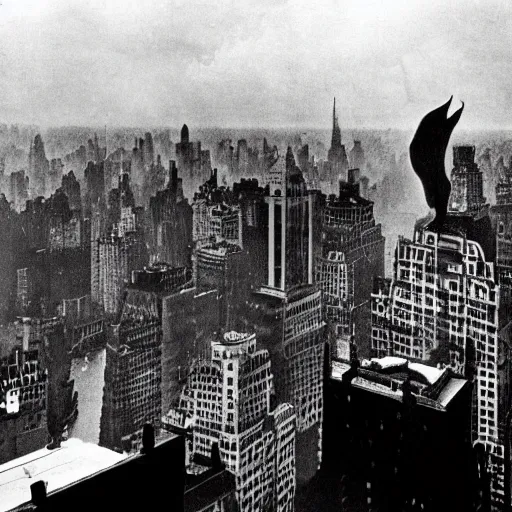Image similar to old black and white photo, 1 9 1 3, depicting batman from dark knight on top of buildings of new york city, rule of thirds, historical record