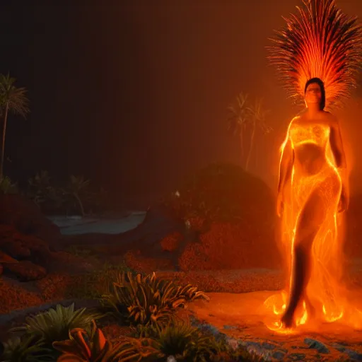 Image similar to Portrait of Pele, the Hawaiian fire goddess, rendered in unreal engine, rendered in octane render, rendered in blender, unreal engine, octane, blender, dark studio lighting, bright, glowing aura, vividly beautiful colors, bioluminescence, bioluminescent lighting, volumetric lighting