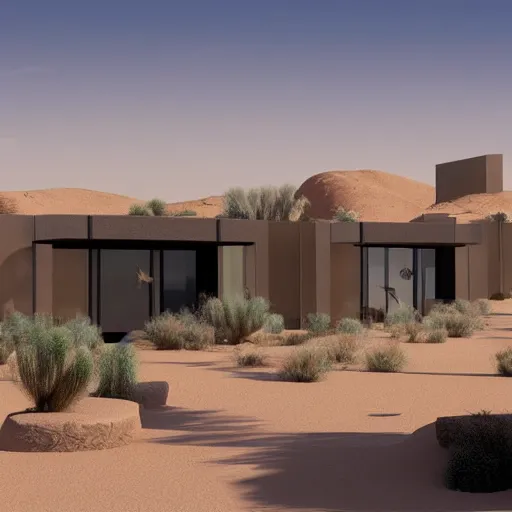 Prompt: architectural rendering of building in the desert, biophilia, naturalism, modern style