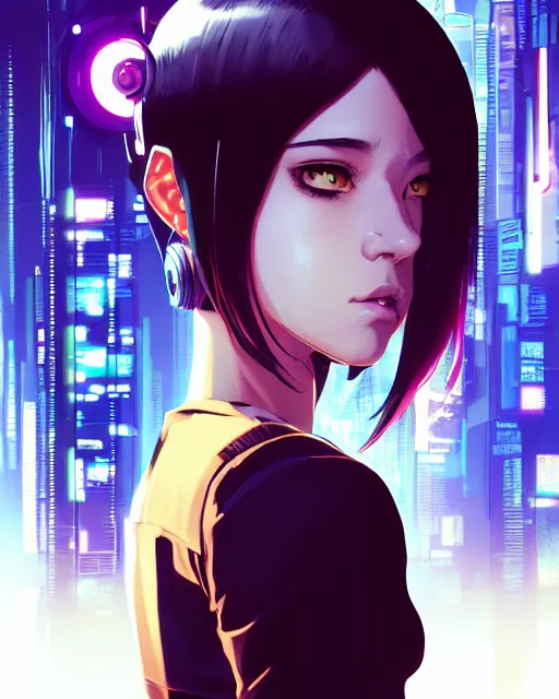 Image similar to a comic potrait of a cyberpunk cyborg girl with big and cute eyes, fine - face, realistic shaded perfect face, fine details. night setting. very anime style. realistic shaded lighting poster by ilya kuvshinov katsuhiro, magali villeneuve, artgerm, jeremy lipkin and michael garmash, rob rey and kentaro miura style, trending on art station