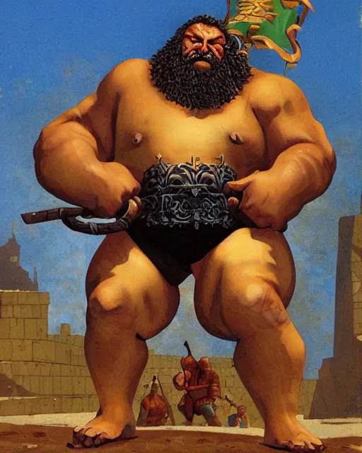 Prompt: strongman kyriakos kapoulakak, bloatlord, character art by angus mcbride