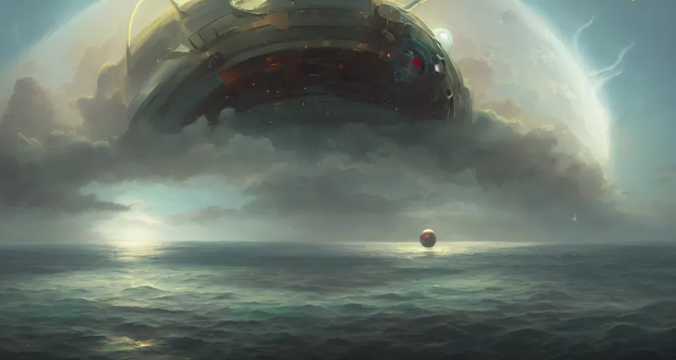 Image similar to a spherical white space stations looms over the ocean by peter mohrbacher, vivid colors, matte painting, 8K, concept art, mystical color scheme, trending on artstation