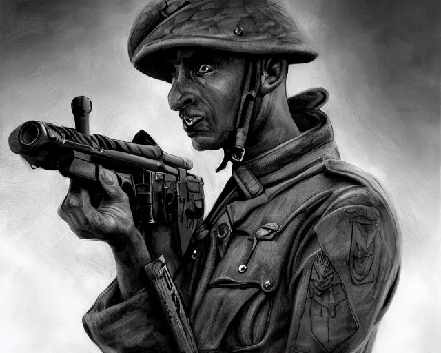 Image similar to A soldier with a hateful face holding a machine gun, world war 1, close-up, realistic face, beautiful face detail, mature facial features, black and white, amazing digital art, hyper detailed, artstation, in the style of Tony Sart