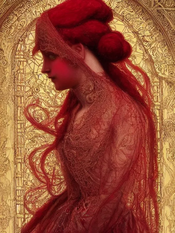 Prompt: a beautiful render of a catholic veiled red queen with symmetry intricate detailed ,pray,by James Jean,Enchanted doll,Lawrence Alma-Tadema,aaron horkey,Billelis,trending on pinterest,hyperreal,feminine,golden ratio,cinematic lighting