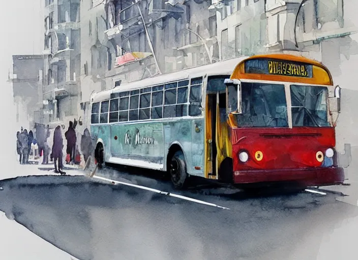 Image similar to concept art of a urban bus, pinterest, artstation trending, behance, watercolor, by coby whitmore, silver, laser light,