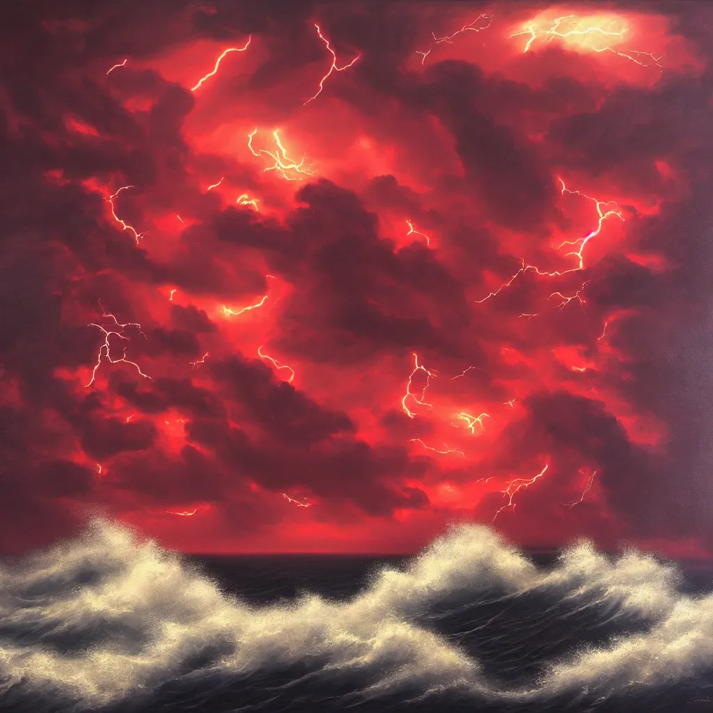 Image similar to a fantasy landscape. subject : giant dark red kraken, stormy sea, giant waves, lightning in the background, small boat, oil painting, 4 k