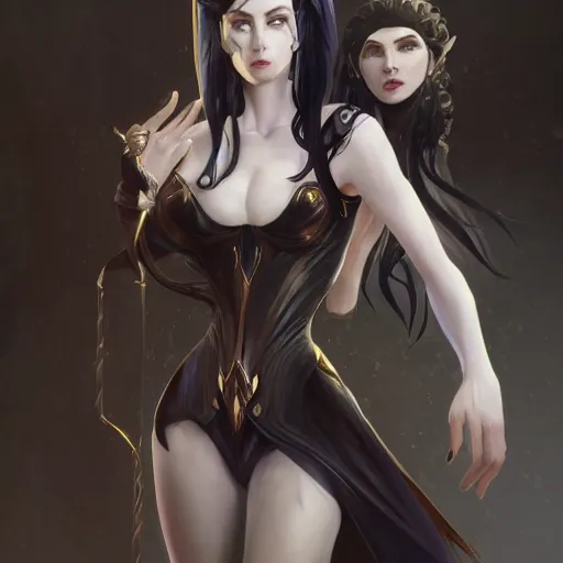 Image similar to tall woman with black hair and pale skin, from league of legends, as human, au naturel, hyper detailed, digital art, trending in artstation, cinematic lighting, studio quality, smooth render, unreal engine 5 rendered, octane rendered, art style by klimt and nixeu and ian sprigger and wlop and krenz cushart!