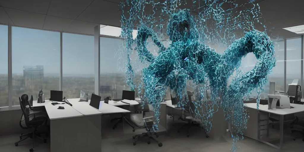 Prompt: A photo of an alien tentacle creature in a business corporate office, 4K, realistic