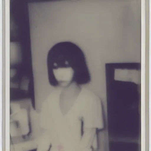 Image similar to dreamy polaroid photograph of madotsuki in the backrooms, many lights in background