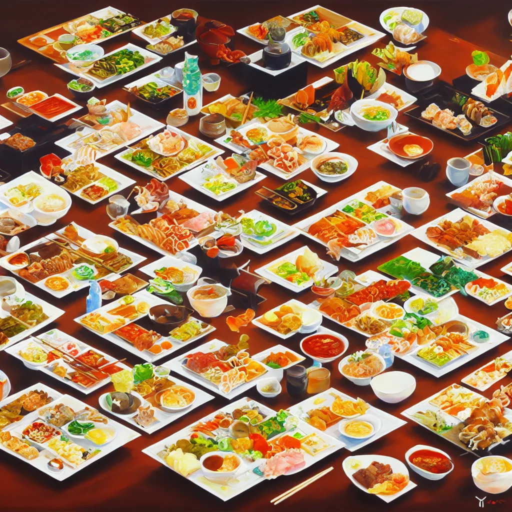 Prompt: a painting of a table full of japanese foods, concept art by taro yamamoto, pixiv contest winner, auto - destructive art, official art, concept art, pixiv