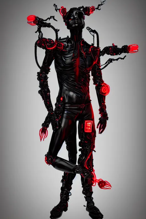 Prompt: full-body cyberpunk style sculpture of a young handsome dark god of battle, half android with a head opening exposing circuitry, glowing red eyes, black roses, flowing blood-red colored silk, fabric, candles. baroque elements, genetically augmented cyborg male. full-length view. baroque element. intricate artwork by caravaggio. Trending on artstation, octane render, cinematic lighting from the right, very very very very long curly blond hair, hyper realism, octane render, 8k, depth of field, 3D