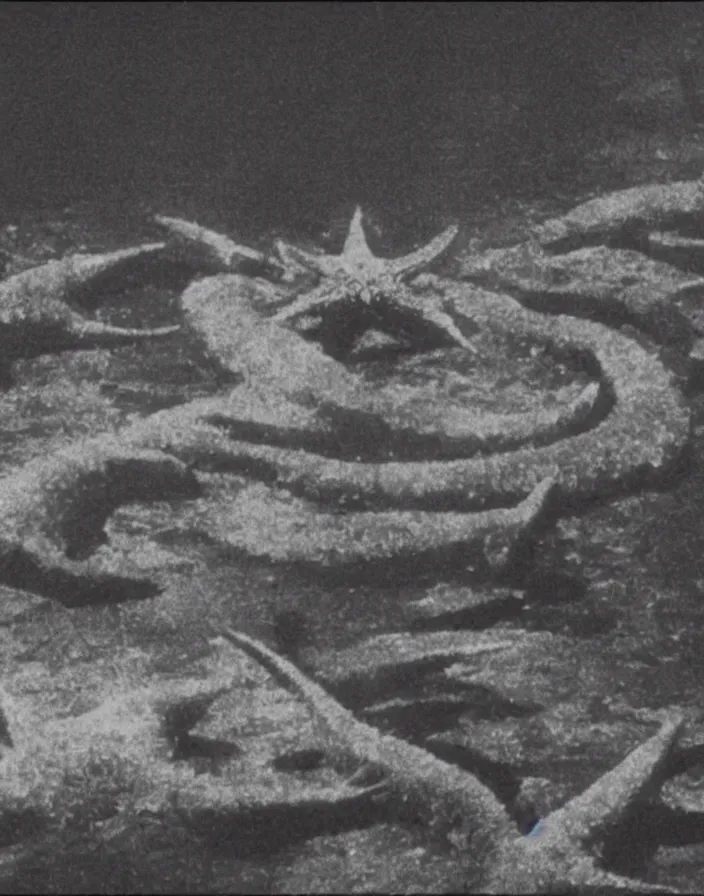 Image similar to a filmstill of a north korean monster movie, kaiju - eiga monster starfish - like trampling a traditional korean palace, foggy, film noir, video compression