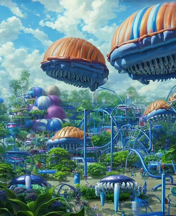 Image similar to a puffy inflated amusement park made out of fat seamless alien isopods, in the style of an aerodynamic obese robot, overgrown with thick orchids, partly cloudy, somber, dramatic lighting, by dan mumford, yusuke murata, makoto shinkai, ross tran, cinematic, unreal engine, cel shaded, featured on artstation, pixiv