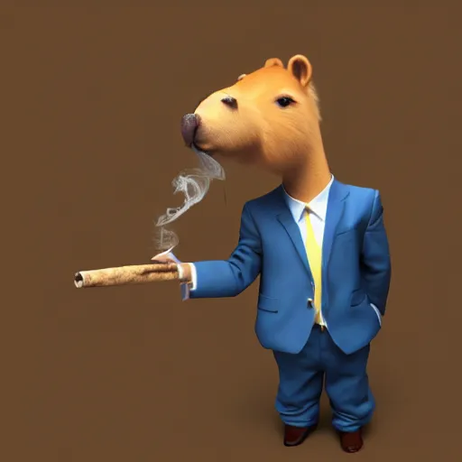 Image similar to a high quality photo of an antropomorphic capybara wearing a suit smoking a cigar, 3d scene, render, ultra realistic, artstation, cgsociety