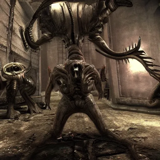 Prompt: a resident evil 5 game that has lovecraftian Giger creatures