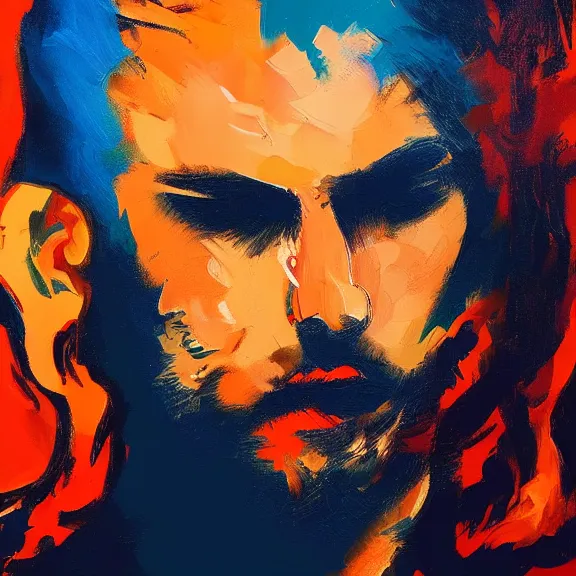 Prompt: abstract painting of man on fire. Handsome. Long hair. portrait. ArtStation. Impressionist. Silouette.