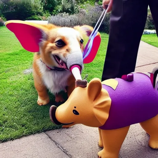 Image similar to A corgi fighting crime with an elephant sidekick