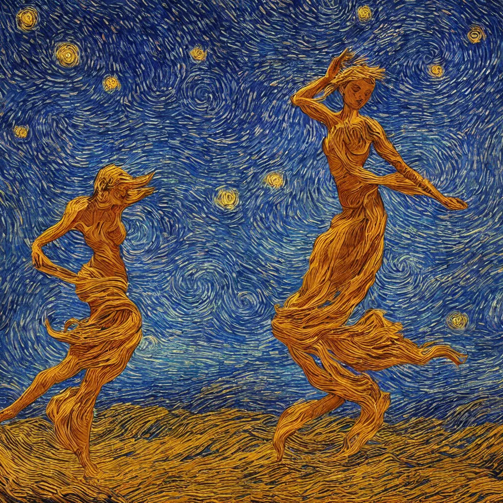 Prompt: glowing goddess dancing in the desert, surreal, unreal engine, intricate, highly detailed, digital painting, trending on artstation, concept art, smooth and sharp focus, illustration, in the style of starry night by vincent van gogh