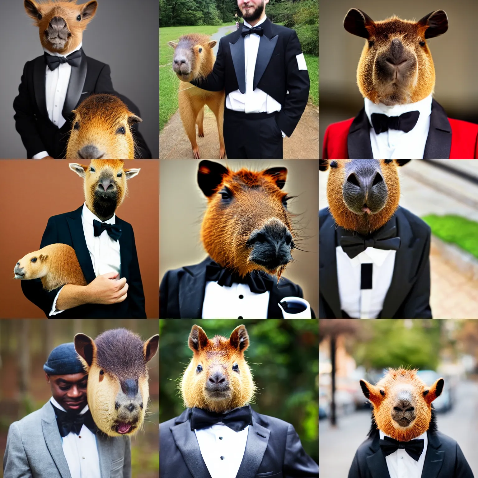 Prompt: photo of man with capybara head, wearing tuxedo