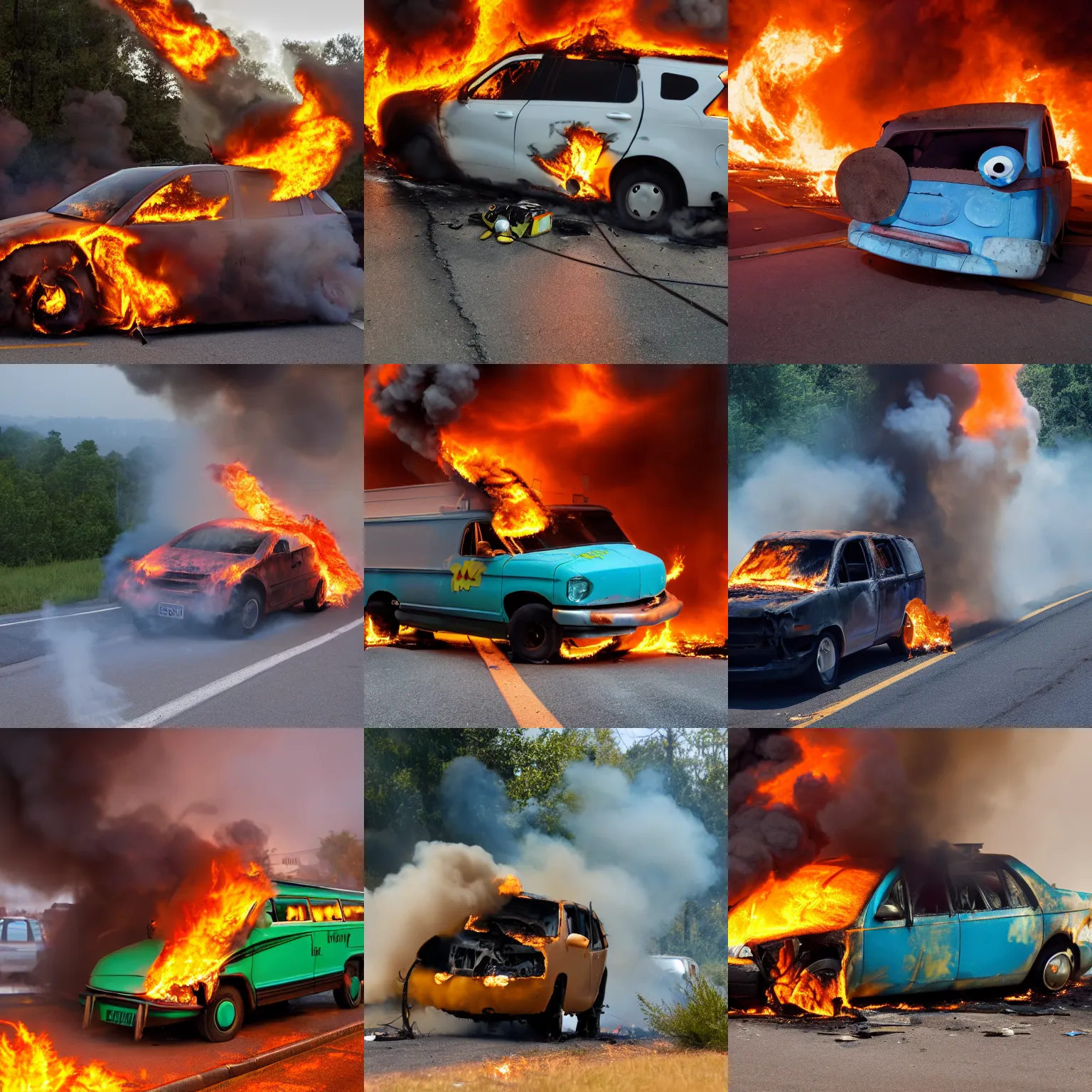 Prompt: the Mystery Machine car accident on fire, 4k photo, low level,