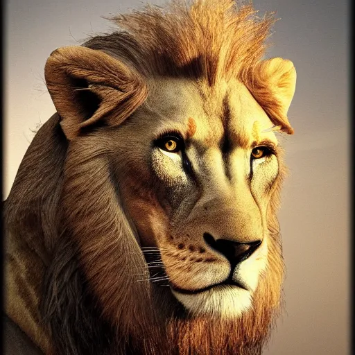 Prompt: man with a lion's head, photorealistic, extremely detailed, portrait photo, solo
