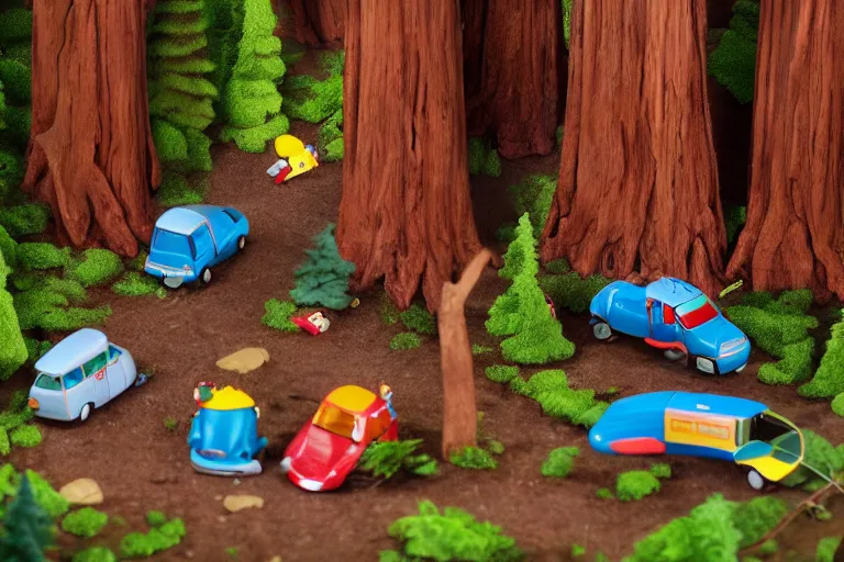 Image similar to fisher price redwood forest, california scene from tv show hyper detailed 5 5 mm 8 5 mm, toy photography, made out of plastic