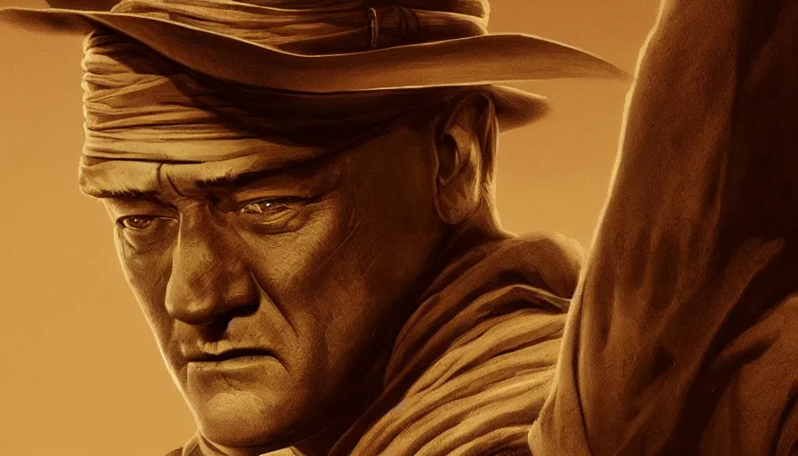 Prompt: John Wayne is Obi-Wan Kenobi in sepia, hyperdetailed, artstation, cgsociety, 8k