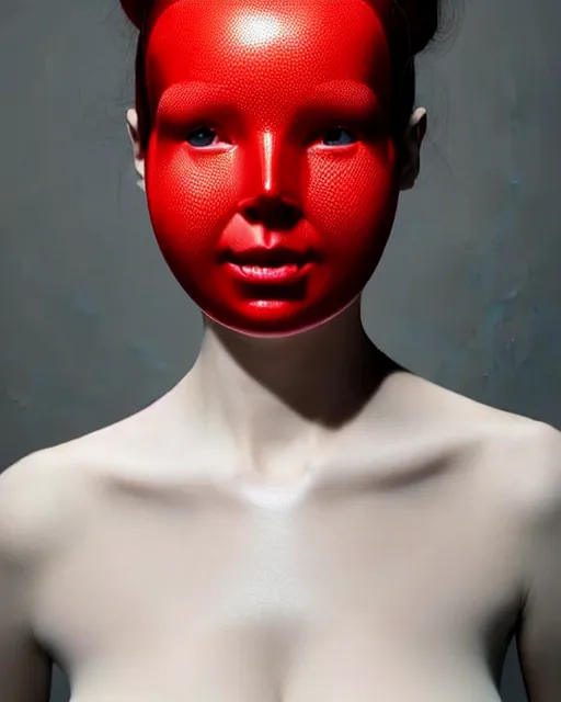 Image similar to symmetrical close - up portrait of a woman wearing a red silicone beauty mask and hair buns, wearing a black bodysuit by alexander mcqueen, cream white background, soft light, biotechnology, humanoide robot, bjork aesthetic, translucent, by rineke dijkstra, masterpiece,