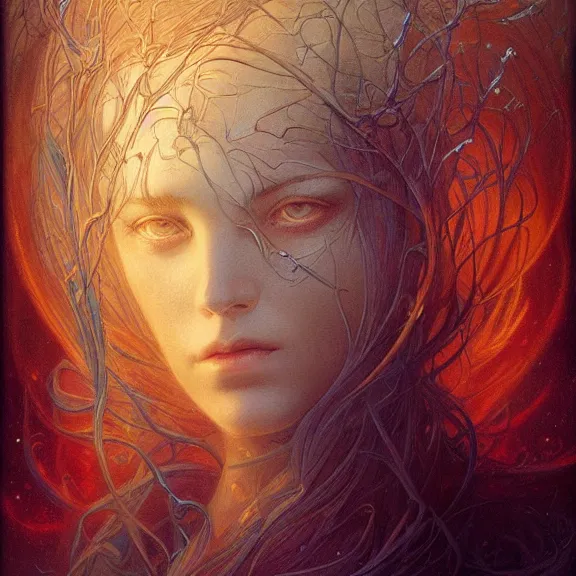 Image similar to a highly detailed beautiful portrait in the style of jean delville and in the style of peter mohrbacher. glowing rune of magical power.