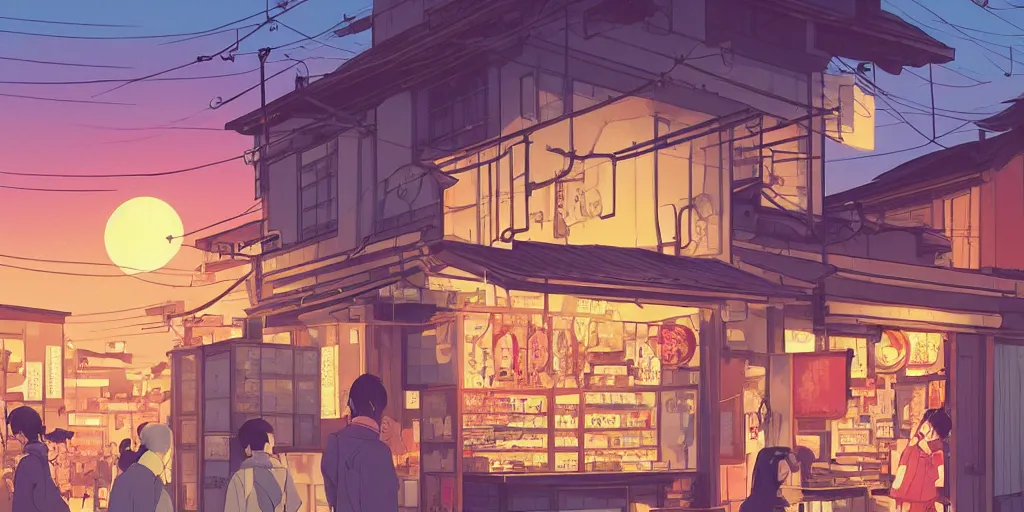 Image similar to beautiful illustration of a small shop window in kyoto on a beautiful sunset, anime manga style, aesthetic, cory loftis, james gilleard, atey ghailan, makoto shinkai, goro fujita, studio ghibli, makoto shinkai, view isometric