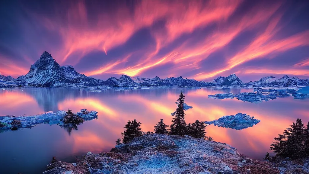 Image similar to amazing landscape photo of polar light with lake in sunset by marc adamus, beautiful dramatic lighting