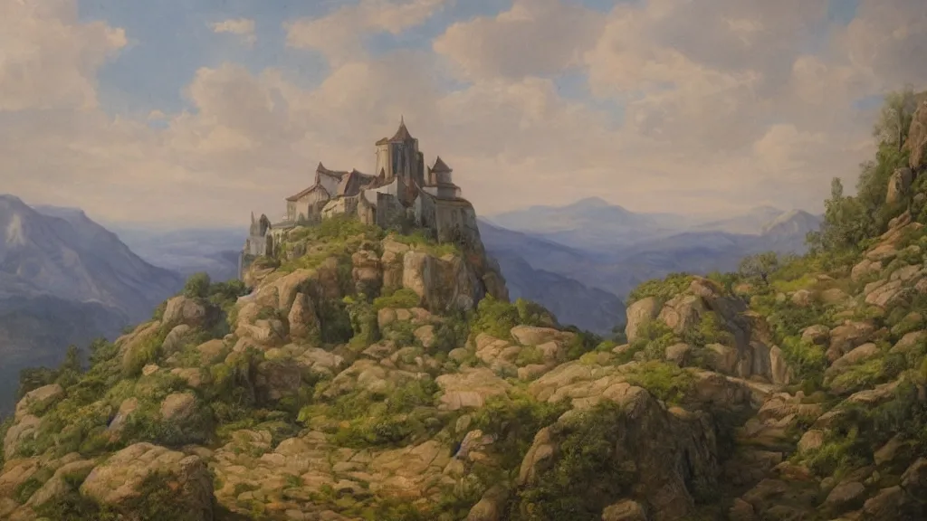 Image similar to detailed naturalism landscape painting of a monastery on the top of a rough, steep mountain with great view on other mountains, epic