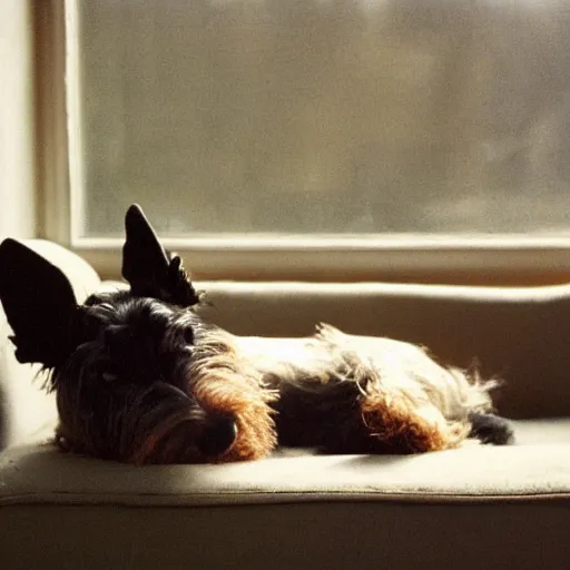 Image similar to a photograph of an old yorkish terrier sleeping on a couch below a window