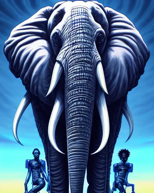 Image similar to a new logo for stillz music featuring an elephant with headphoes djing synthwave afrofuturism, dubstep character, detailed, intricate, hyperrealism, intense, scary, fierce, art by artgerm and greg rutkowski and rhads and anato finnstark