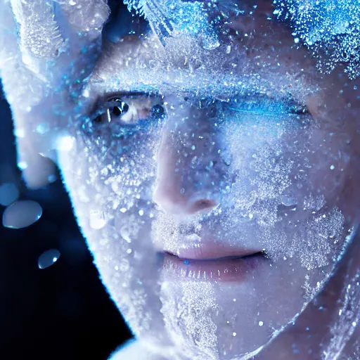 Prompt: futuristic female soldier eyes closed partly submerged in highly viscous clear fluid, frost particles, ice needles, cold blue light, complex hyperdetailed technical suit. white hair flowing. reflection. rays and dispersion of light. volumetric light. 5 0 mm, f / 3 2. noise film photo. ultra realistic, wide angle. rudolf herczog