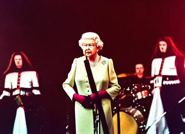 Image similar to publicity photo still of queen elizabeth in a death metal band playing live on stage, 8 k, live concert lighting, mid shot