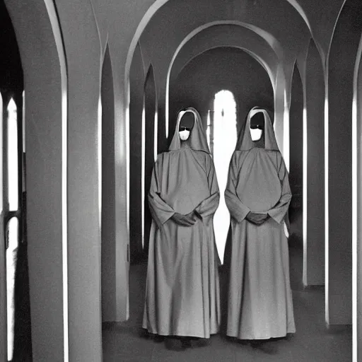 Image similar to award winning photo Floating twin nuns wearing translucent habits Very long arms, in a sanctuary, eerie, frightening —width 1024 —height 1024