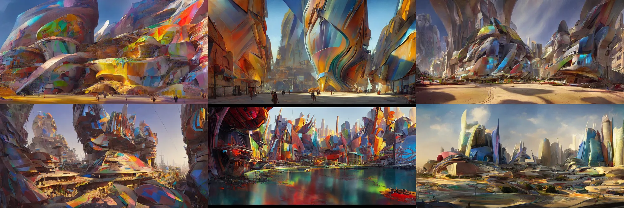 Prompt: City of Pristine Colors, colorful, iridescent colors, architecture by Zaha Hadid, painted by Eytan Zana