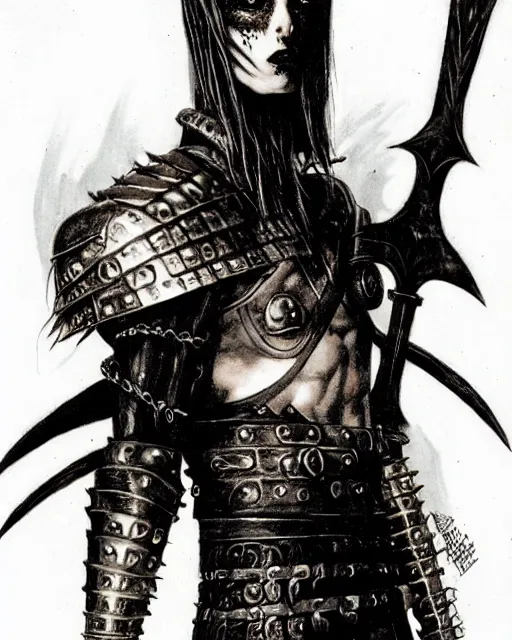 Image similar to portrait of a skinny punk goth warrior wearing armor by simon bisley, john blance, frank frazetta, fantasy, sorceror
