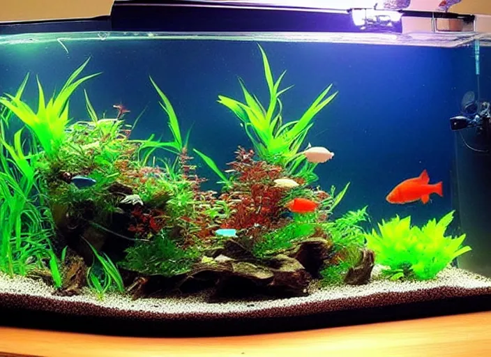 Image similar to ember tetra planted aquarium, placid morning rays, adorable planted cute cluttered aquarium with little fishies, trending on pixiv,