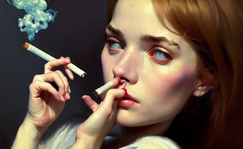 Prompt: portrait of several girls with smoking cigarettes, sitting on a couch, highkey, realistic, serov, surikov, vasnetsov, repin, kramskoi, ultra realistic, depth of field insanely detailed, charlie bowater, tom bagshaw, norman rockwell, octane rendered, unreal engine, rendering, trending on artstation, 8 k