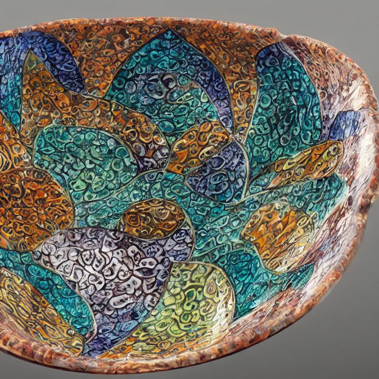 Prompt: Studio Photograph of Beautiful Handmade Stoneware Bowl in the shape of a Klein manifold intricately carved with Animal Eyes and painted with the image of Lizards by Paul Klee, Crystalline Glaze Bright Intense Colors shocking detail hyperrealistic trending on artstation
