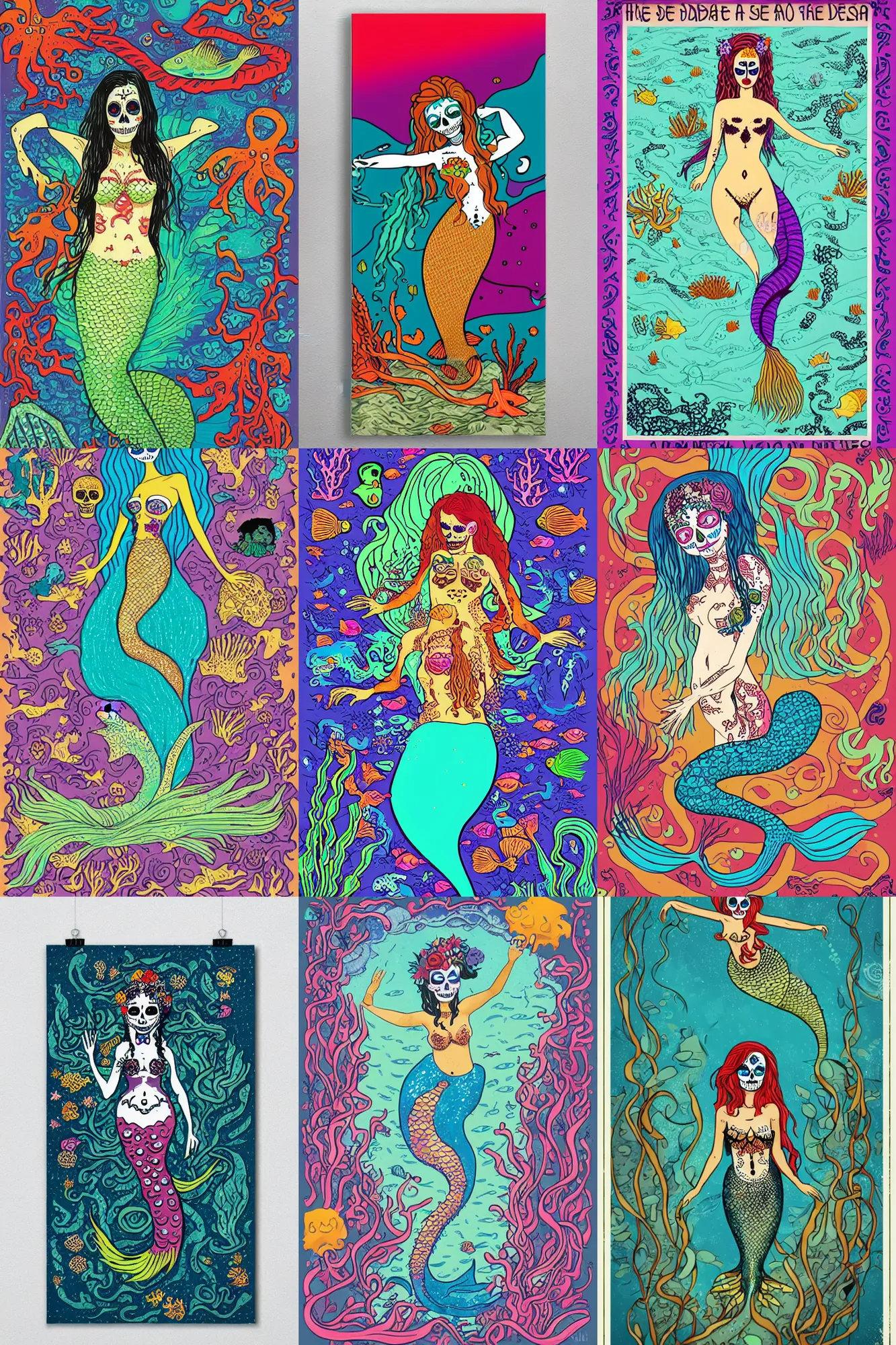 Prompt: illustration of a day of the dead mermaid under the sea, surrounded by kelp, jimi hendrix style poster