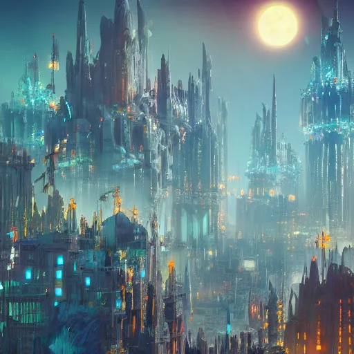 Image similar to fantasy city with many towers under a moonlit, starry sky, concept art, trending on art station, orange and teal color, cgsociety, octane render