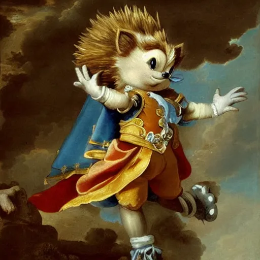 Image similar to a rococo painting of a sonic the hedgehog, intricate, ultra detailed, late baroque painting, art by giovanni battista tiepolo