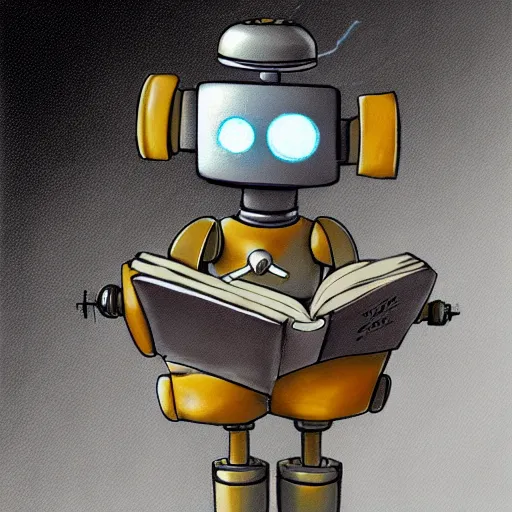 Prompt: cute robot reading a book. Trending on ArtStation, concept art